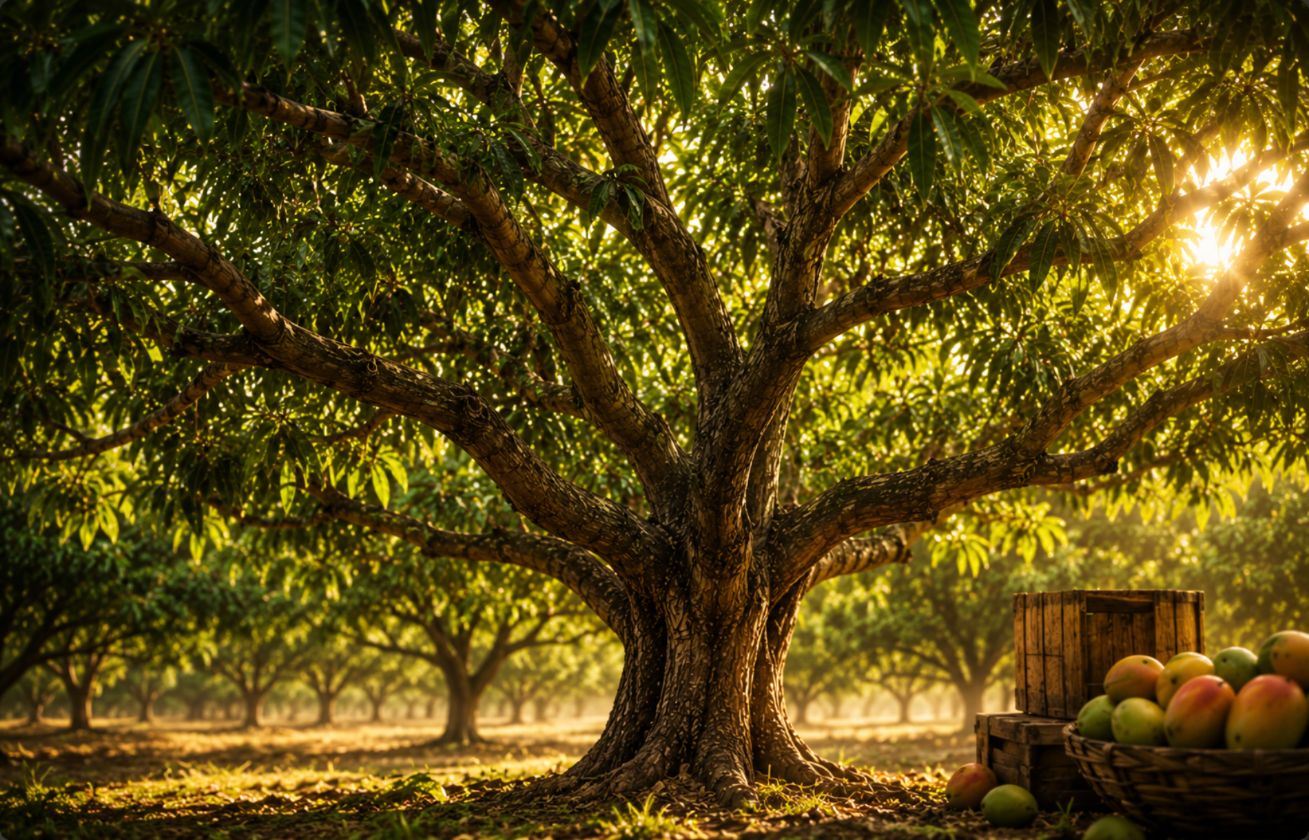 A mango tree in an orchard at golden hour, crates of fruit at its foot.